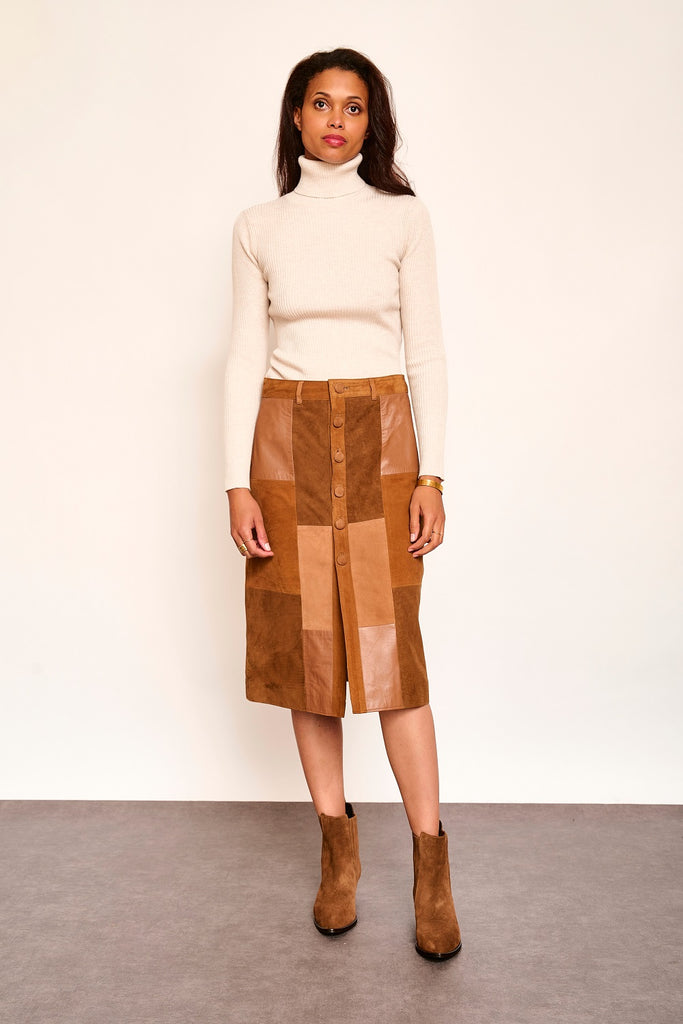 MKT Studio Jacinte leather patchwork skirt in cognac @ modin