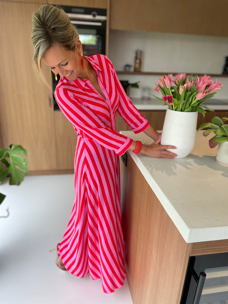 YAS savanna maxi dress in cyclamen striped bittersweet red and pink @ modin