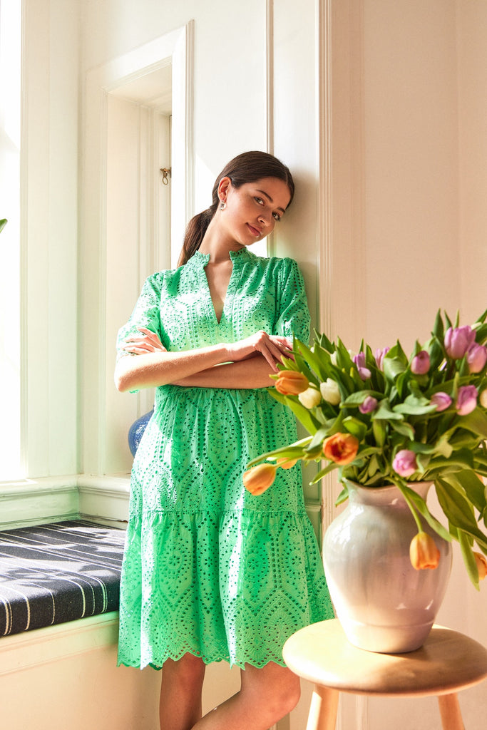 YAS Holi dress in katydid green embroidery  @ modin