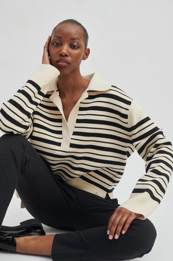Second Female Aden striped polo knit in black ecru @ modin