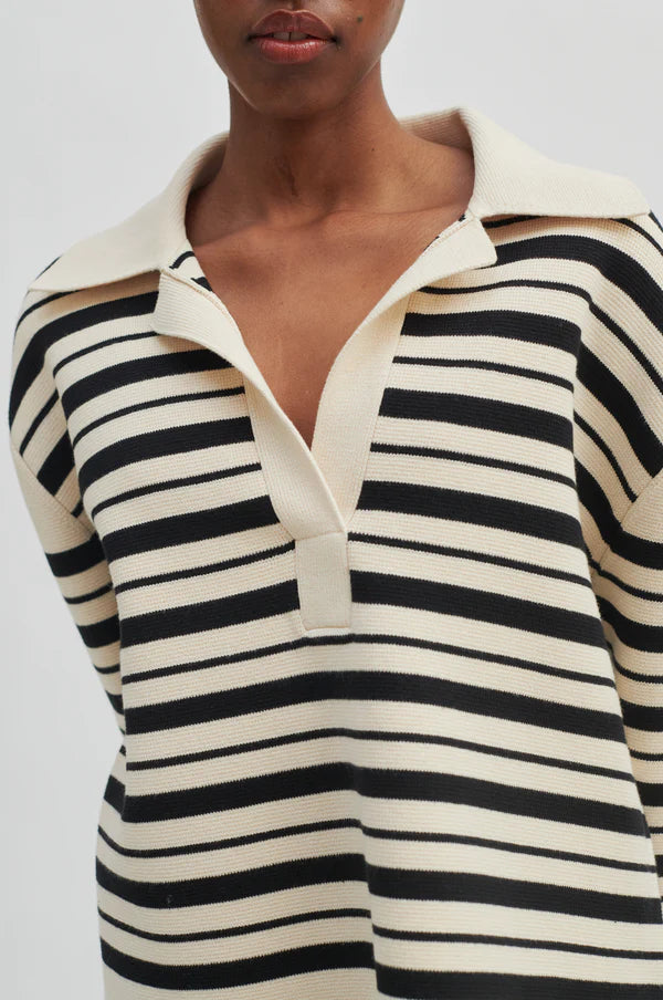 Second Female Aden striped polo knit in black ecru @ modin