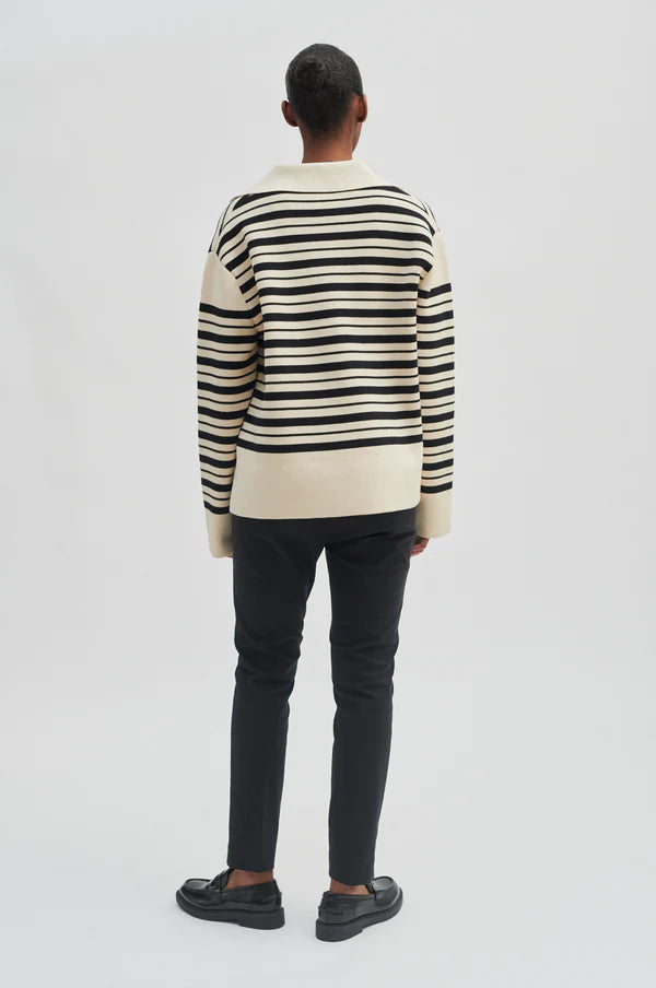 Second Female Aden striped polo knit in black ecru @ modin