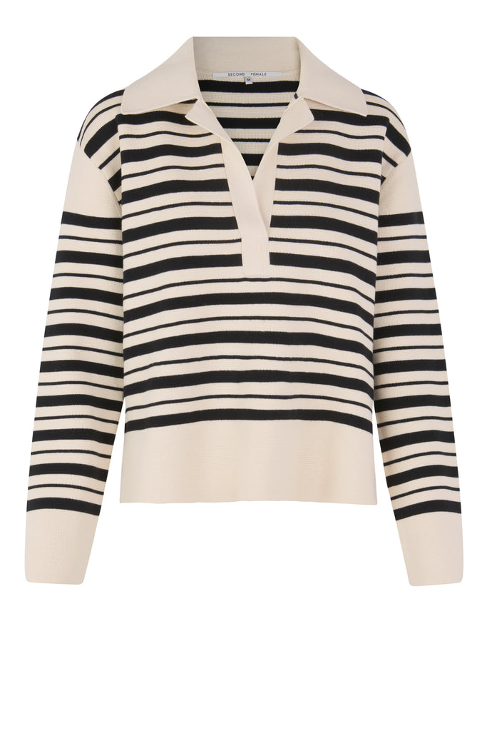 Second Female Aden striped polo knit in black ecru @ modin