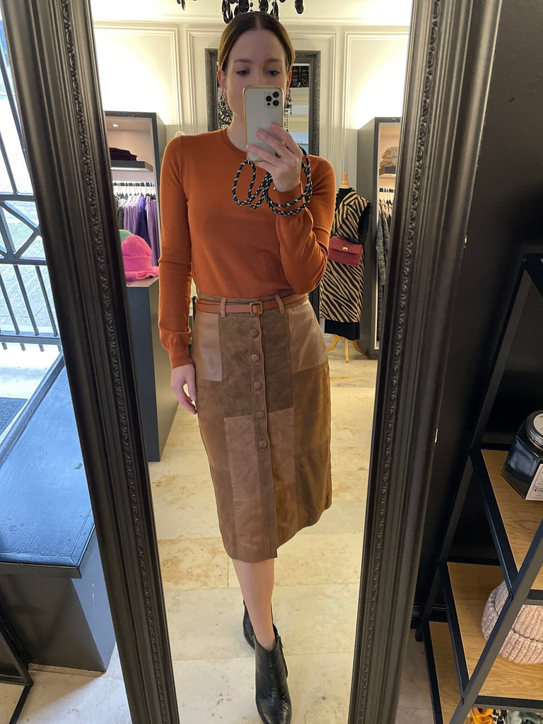 MKT Studio Jacinte leather patchwork skirt in cognac @ modin