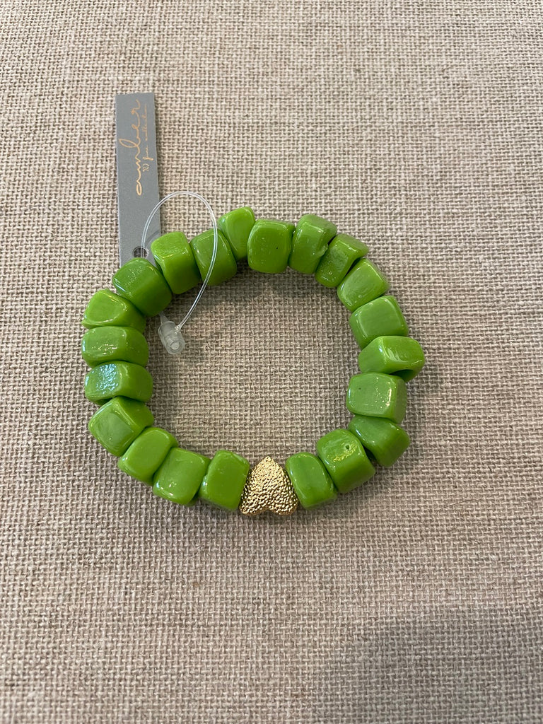 Amber ceramic heart bracelet in green and gold  @ modin