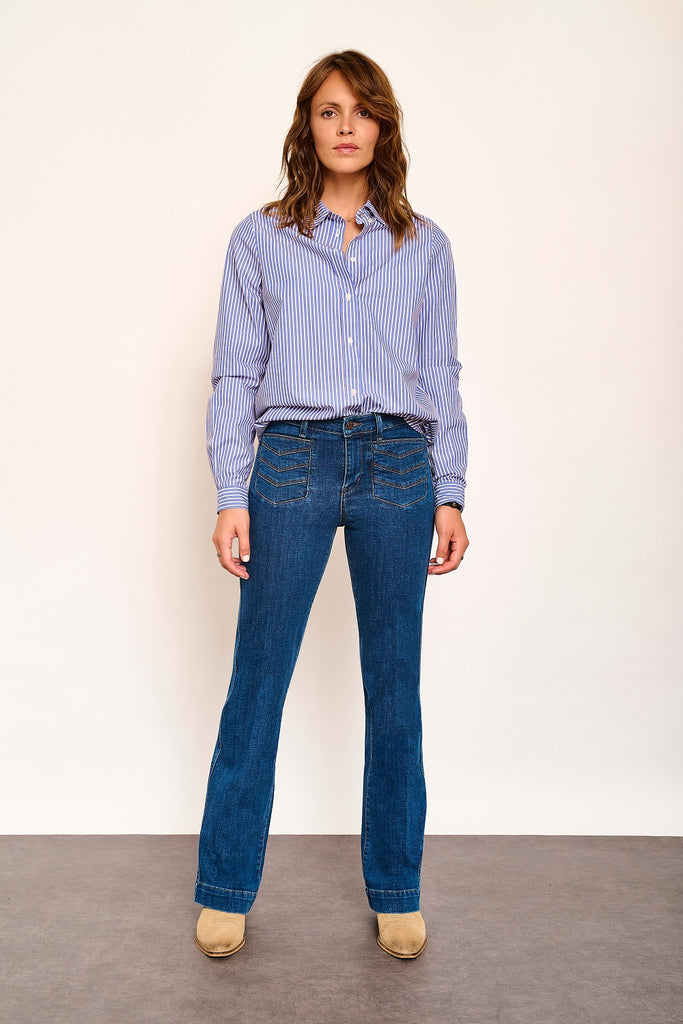 MKT studio The Farah woodstock flared jeans in blue cocker wash @ modin