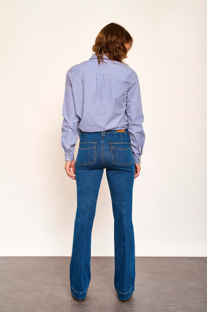 MKT studio The Farah woodstock flared jeans in blue cocker wash @ modin