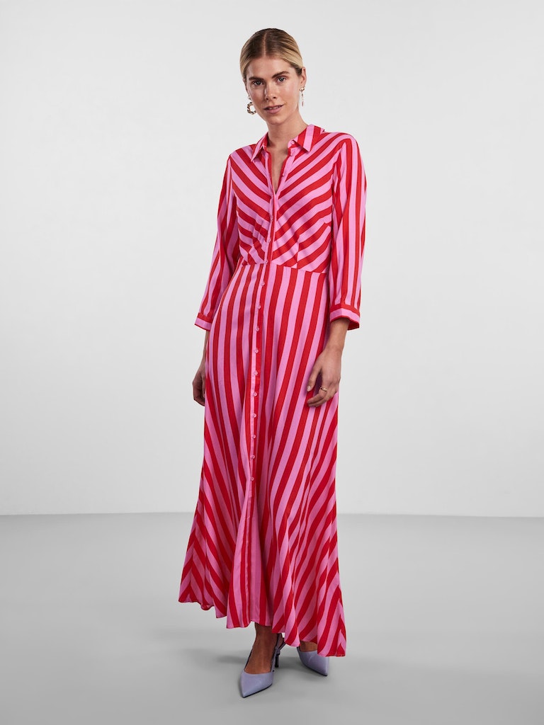 YAS savanna maxi dress in cyclamen striped bittersweet red and pink @ modin