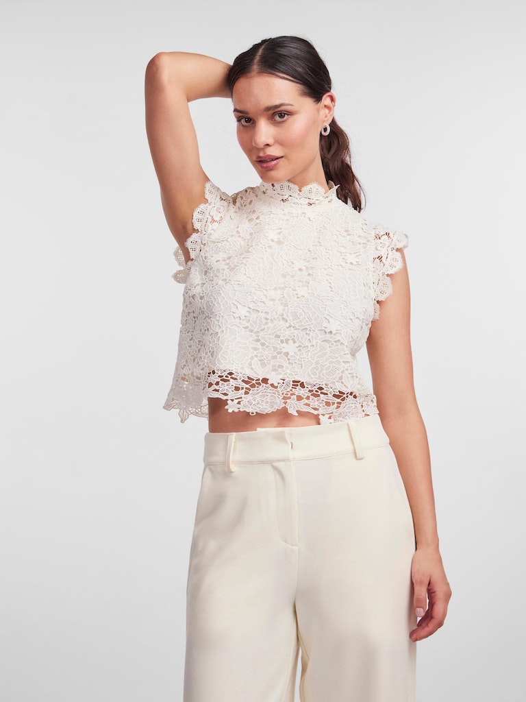 Y.A.S. wedding bridal collection Gina lace cropped top in gardenia off white @ modin