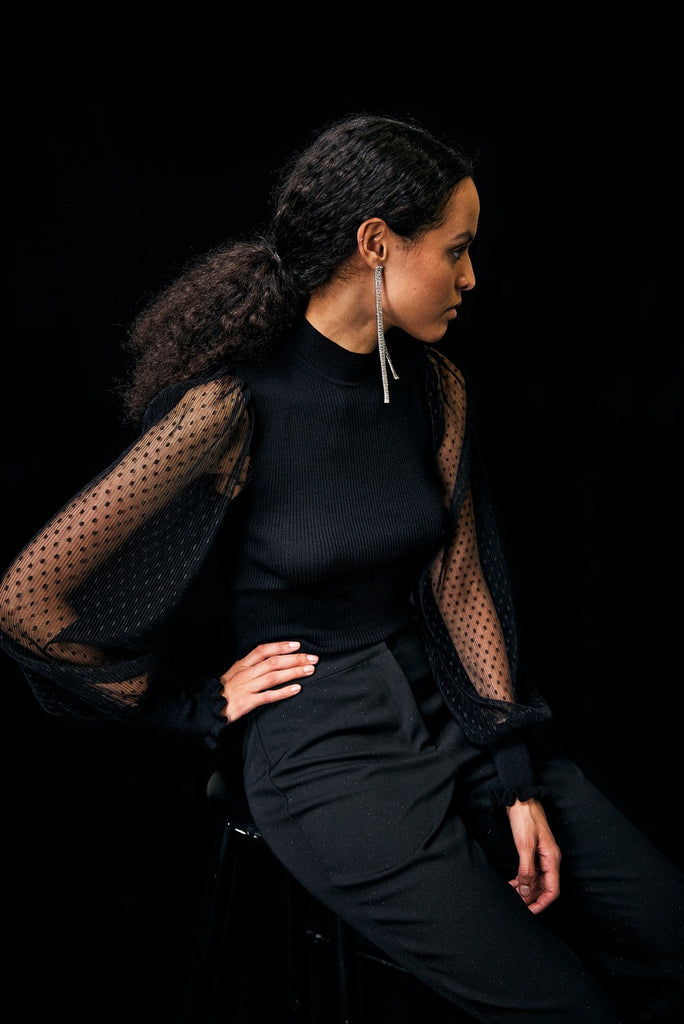 YAS Melania top with mesh sleeves in black @ modin