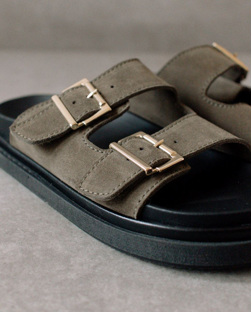Alohas buckle strap suede chunky sandals in suede khaki @ modin - sustainable leather