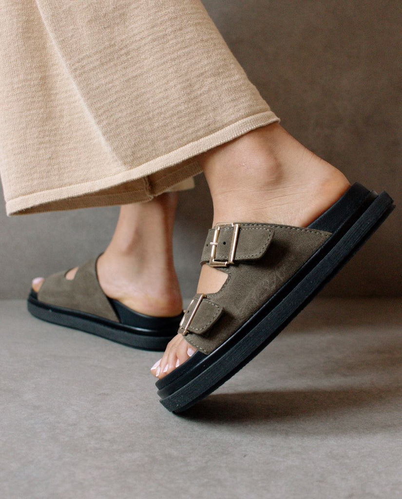 Alohas buckle strap suede chunky sandals in suede khaki @ modin - sustainable leather