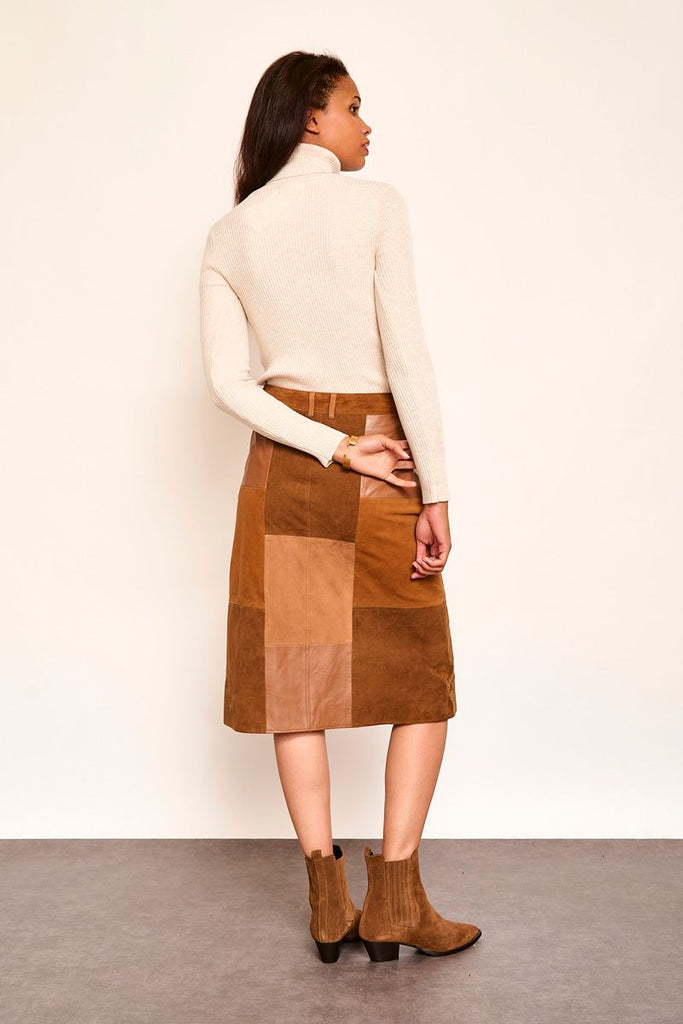 MKT Studio Jacinte leather patchwork skirt in cognac @ modin